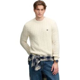 Superdry Pull Cotton Cable Knit Crew Ecru S Homme