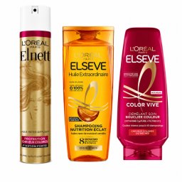 Routine Cheveux Color & Brillance – Laque Elnett + Après-shampoing Color Vive + Shampoing Huile