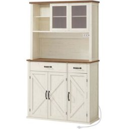 VASAGLE Meuble de rangement cuisine avec lumières et chargeur, Blanc Rustique + Marron Miel / 39,5 x 106,5 x 180,6 cm (p x l x h)