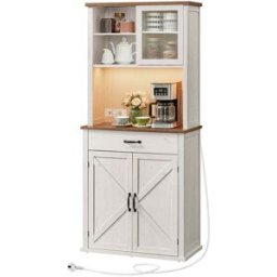 VASAGLE Meuble de rangement cuisine avec lumières et chargeur, Blanc Rustique + Marron Miel / 39,5 x 80,4 x 180,6 cm (p x l x h)