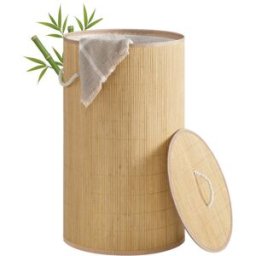 SONGMICS Panier à linge en bambou avec couvercle et sac lavable, 90L Rond