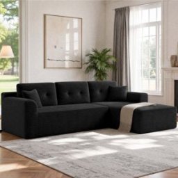 VASAGLE Canapé d'angle modulable avec grande méridienne confortable, Noir / grande méridienne à droite