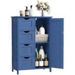VASAGLE Meuble de salle de bain sur pied, Bleu Porto / 4 Tiroirs (30P x 55L x 82H cm)