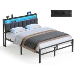 VASAGLE Cadre de lit en métal avec tête de lit et éclairage LED, 140l x 190L cm / Noir Mat