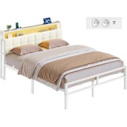 VASAGLE Cadre de lit en métal avec tête de lit et éclairage LED, 140l x 190L cm / Blanc