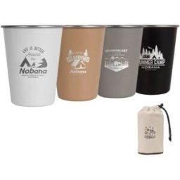 INF Set 4 tasses de camping 350ml en acier inoxydable 304 avec sac de rangement - Léger, multicouleur (Blanc/Marron/Gris/Noir)