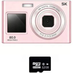 INF Appareil photo numérique double écran avant et arrière, écran 8-inch, vidéo 5K, photo 80 000 000 pixels, zoom 18x, carte TF Rose