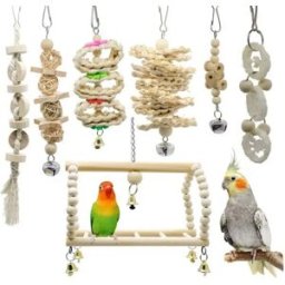 INF Ensemble de 7 jouets en bois pour oiseaux - bois de pin et accessoires interactifs pour cage avec échelle et balançoire