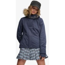 Superdry Femme Veste Coupe-vent Bench à Capuche en Fausse Fourrure Navy Taille: S
