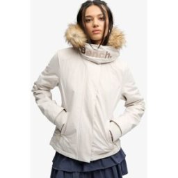 Superdry Femme Veste Coupe-vent Bench à Capuche en Fausse Fourrure Cream Taille: M
