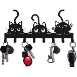 INF Porte-clés mural en fer en forme de chat - Organisateur d'entrée noir pour clés et cartes