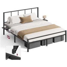 VASAGLE Lit double en métal avec étagères de rangement pour chambre moderne, Noir classique / 160l x 200L cm / avec tête de lit