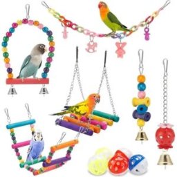 INF Set de 11 jouets multicolores en bois de pin et métal pour oiseaux - Jouets à mâcher pour perroquet, accessoires de cage