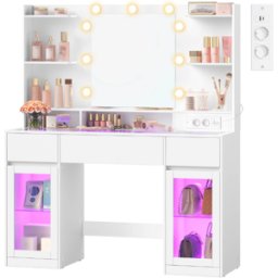 VASAGLE Collection Kailyn-Coiffeuse avec miroir LED et éclairage RGB pour chambre à coucher, Blanc / Coiffeuse