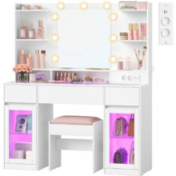 VASAGLE Collection Kailyn-Coiffeuse avec miroir LED et éclairage RGB pour chambre à coucher, Blanc / Coiffeuse avec Tabouret