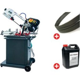 Scie à ruban mobile pour métaux -45°/+60° capacité de coupe ronde 128 mm 0,55 kW 230V 3 lames de scie et 5L d'huile de refroidissement Torros SC135G PACK