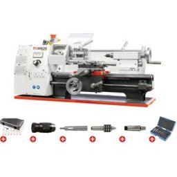 Tour à métaux d'établi hauteur des pointes 100 mm entre-pointes 300 mm alésage 21 mm 0,6 kW 230V + accessoires essentiels Torros PACK TR1830V