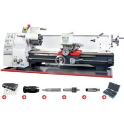 Tour à métaux d'établi hauteur des pointes 125 mm entre-pointes 550 mm alésage 26 mm 0,75 kW 230V + accessoires essentiels Torros PACK TR2550 230V