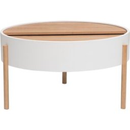 Miliboo Table basse ronde blanche et bois clair frêne avec plateau pivotant et rangement D80 cm YOLINE