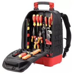 Wiha Sac à dos outil électricien 27 pièces avec équipement de base, fond stable, compartiment ordinateur portable, poches pour accessoires (45528) (45528)