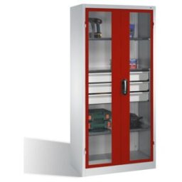 C + P Möbelsysteme Armoire à outils C+P, portes battantes à fenêtre transparente, 3 tablettes, 3 tiroirs, H1950xL930xP500mm Façade rouge rubis Corps gris clair ; C + P M (8921-5530 S10087)
