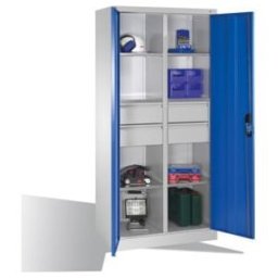 Armoire à outils C+P avec portes battantes, 6 tablettes, 4 tiroirs, H1950xL930xP500mm Façade bleu clair Corps gris clair ; C + P Möbelsysteme (8921-3042 S10132)