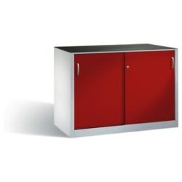 C+P Armoire latérale robuste avec portes coulissantes, 2 x 1 tablette, H1000xW1600xD500mm Façade rouge rubis Caisson gris clair ; C + P Möbelsysteme (2156-092 S10007)