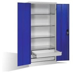 Armoire à outils C+P à portes battantes, 4 tablettes et 3 tiroirs, H1950xL930xP500mm Façade bleu gentiane Corps gris clair ; C + P Möbelsysteme (8921-503 S10135)