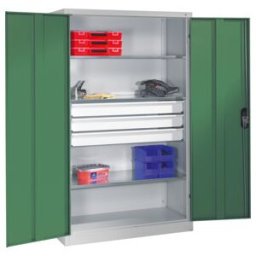 Armoire à outils C+P à portes battantes, 3 tablettes et 3 tiroirs, H1950xL1200xP500mm Façade vert réséda Corps gris clair ; C + P Möbelsysteme (8931-5030 S10085)