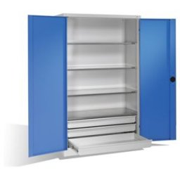 C + P Möbelsysteme Armoire pour charges lourdes C+P avec portes battantes, 4 tablettes et 3 tiroirs, H1950xL1200xP500mm Façade bleu clair Corps gris clair ; C + P Möbels (8931-523 S10056)