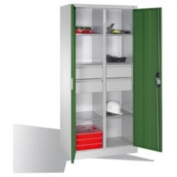 Armoire à outils C+P à portes battantes, 6 tablettes, 4 tiroirs, H1950xL930xP500mm Façade vert réséda Corps gris clair ; C + P Möbelsysteme (8921-3042 S10133)