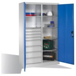 Armoire à outils C+P avec portes battantes, 6 tablettes, 8 tiroirs, H1950xL1200xP500mm, gris clair/bleu clair ; C + P Möbelsysteme (8931-305 S10156)