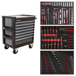 Servante d'atelier STIER Premium avec plan de travail en acier inoxydable, garnie, 223 pièces (906389)