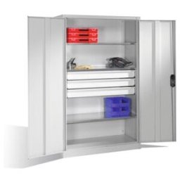 Armoire à outils C+P avec portes battantes, 3 tablettes et 3 tiroirs, H1950xL1200xP500mm Façade gris clair Corps gris clair ; C + P Möbelsysteme (8931-5030 S10081)