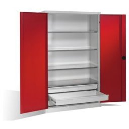 C + P Möbelsysteme Armoire pour charges lourdes C+P avec portes battantes, 4 tablettes et 3 tiroirs, H1950xL1200xP500mm Façade rouge rubis Corps gris clair ; C + P Möbel (8931-523 S10108)