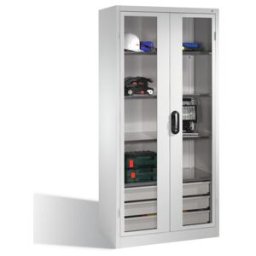 C + P Möbelsysteme Armoire à outils C+P, portes battantes à fenêtre transparente, 4 tablettes, 3 tiroirs, H1950xL930xP500mm Façade gris clair Corps gris clair ; C + P Mö (8921-553 S10056)