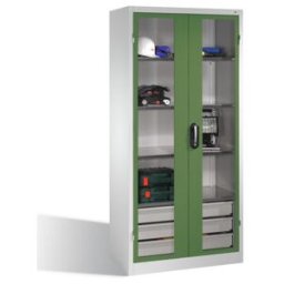 C + P Möbelsysteme Armoire à outils C+P, portes battantes à fenêtre transparente, 4 tablettes, 3 tiroirs, H1950xL930xP500mm Façade vert réséda Corps gris clair ; C + P M (8921-553 S10095)