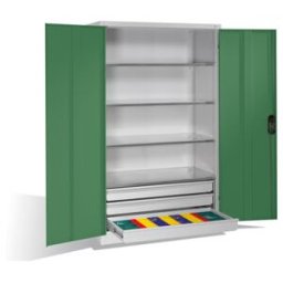 Armoire à outils C+P à portes battantes, 4 tablettes et 3 tiroirs, H1950xL1200xP600mm Façade vert réséda Corps gris clair ; C + P Möbelsysteme (8932-503 S10244)