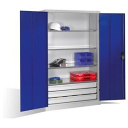Armoire à outils C+P à portes battantes, 4 tablettes et 3 tiroirs, H1950xL1200xP500mm Façade bleu gentiane Corps gris clair ; C + P Möbelsysteme (8931-503 S10422)