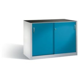 C + P Möbelsysteme Armoire à outils C+P avec portes coulissantes, intérieur 2 x 1 tablette, H1000xW1600xD600mm face avant bleu clair corps gris clair ; C + P Möbelsystem (2166-09 S10044)