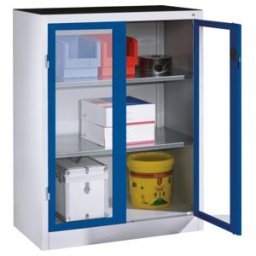 C + P Möbelsysteme Armoire d'appoint à outils C+P avec portes battantes à fenêtre transparente, 2 tablettes, H1200xL930xP500mm Façade bleu gentiane Corps gris clair ; C (8521-055 S10163)