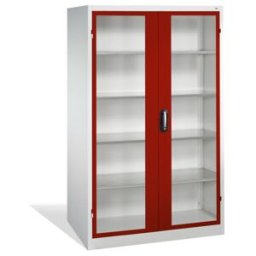 C + P Möbelsysteme Armoire à outils C+P avec portes battantes à fenêtre transparente, 4 tablettes intérieures, H1950xL1200xP600mm Façade rouge rubis Corps gris clair ; C (8932-055 S10131)