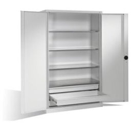 C + P Möbelsysteme Armoire pour charges lourdes C+P avec portes battantes, 4 tablettes et 3 tiroirs, H1950xL1200xP500mm Façade gris clair Corps gris clair ; C + P Möbels (8931-523 S10055)
