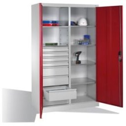 Armoire à outils C+P avec portes battantes, 6 tablettes, 8 tiroirs, H1950xL1200xP500mm, gris clair/rouge rubis ; C + P Möbelsysteme (8931-305 S10157)