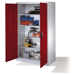 Armoire à outils C+P avec portes battantes, 4 tablettes intérieures, H1950xL1200xP600mm Façade rouge rubis Corps gris clair ; C + P Möbelsysteme (8932-00 S10603)