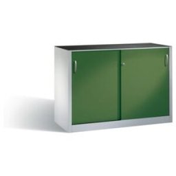 C+P Armoire latérale robuste avec portes coulissantes, 2 x 1 tablette, H1000xW1600xD500mm Face avant Reseda vert corps gris clair ; C + P Möbelsysteme (2156-092 S10006)