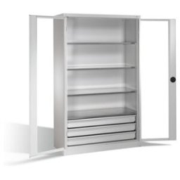 C + P Möbelsysteme Armoire à outils C+P, portes battantes à fenêtre transparente, 4 tablettes, 3 tiroirs, H1950xL1200xP500mm Façade gris clair Corps gris clair ; C + P M (8931-553 S10024)