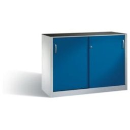 C + P Möbelsysteme Armoire à outils C+P avec portes coulissantes, intérieur 2 x 1 tablette, H1000xL1600xP400mm Avant Corps bleu gentiane Corps gris clair ; C + P Möbelsy (2146-09 S10046)