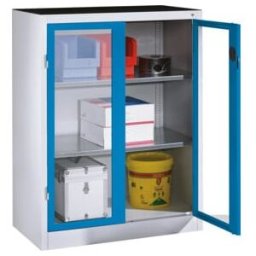 C + P Möbelsysteme Armoire d'appoint à outils C+P avec portes battantes à fenêtre transparente, 2 tablettes, H1200xL930xP500mm Façade bleu clair Corps gris clair ; C + P (8521-055 S10166)