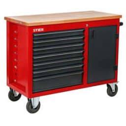 Etabli mobile STIER avec 7 tiroirs et 1 porte, 925 x 1120 x 520 mm, plateau de travail en bois, charge max. 300 kg, servante d'atelier, chariot à outils (904435)